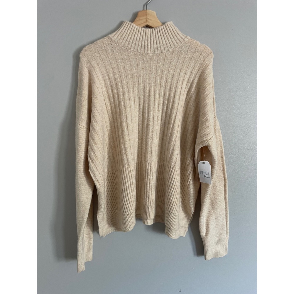 Time and Tru Mock Neck Sweater Womens XL Oatmeal Heather Ribbed Knit Casual